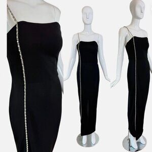RANDOLPH DUKE 90/00 Vintage Black Evening Gown w. Crystal Gem Trim Maxi Dress